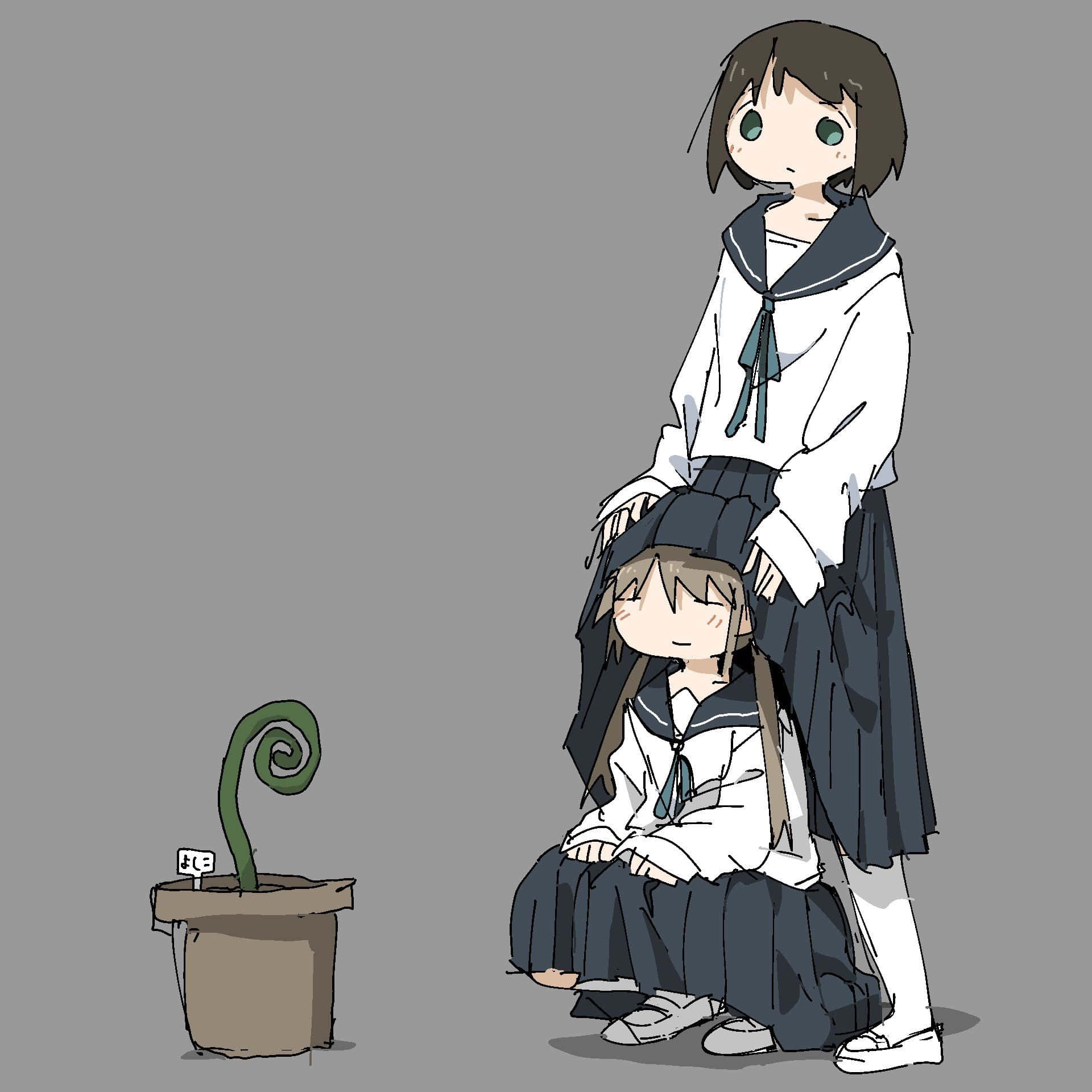 To piger i skoleuniformer står ved siden af ​​en krukke plante. Wallpaper
