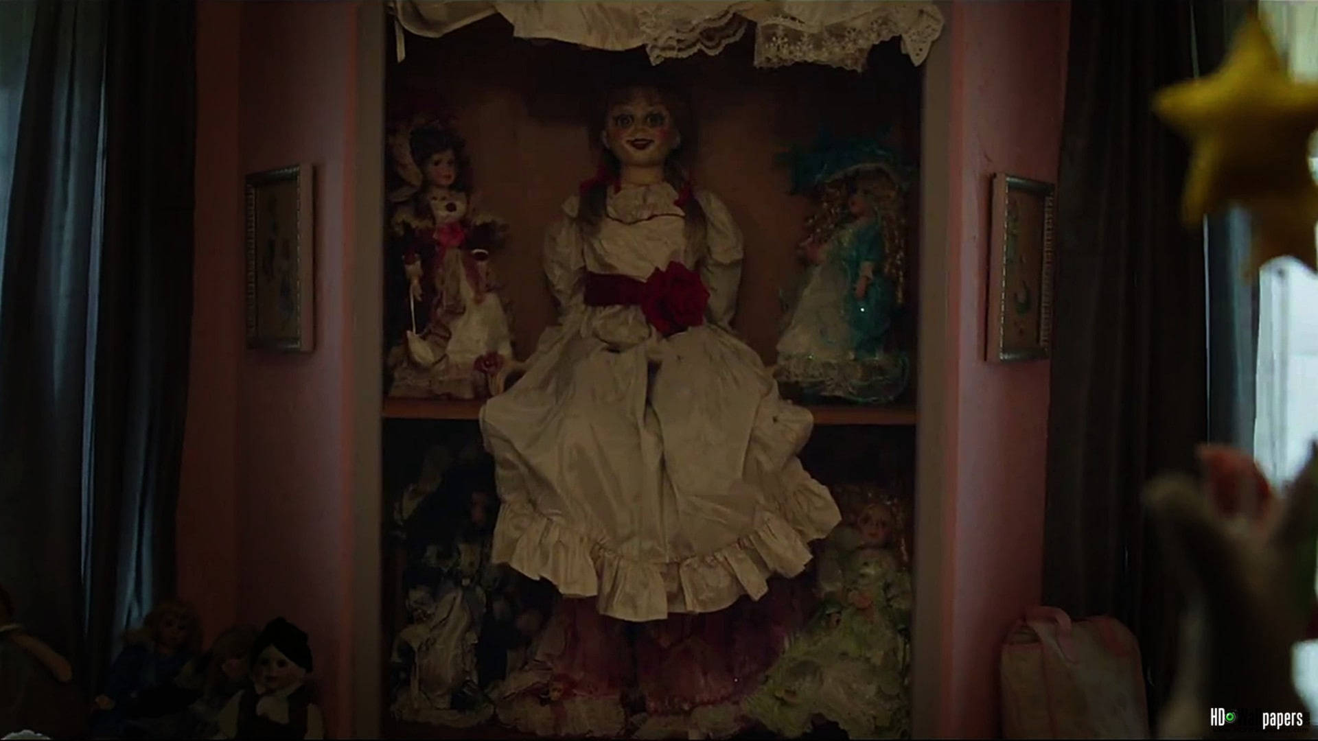 Annabelle Doll In Pink Cabinet Wallpaper