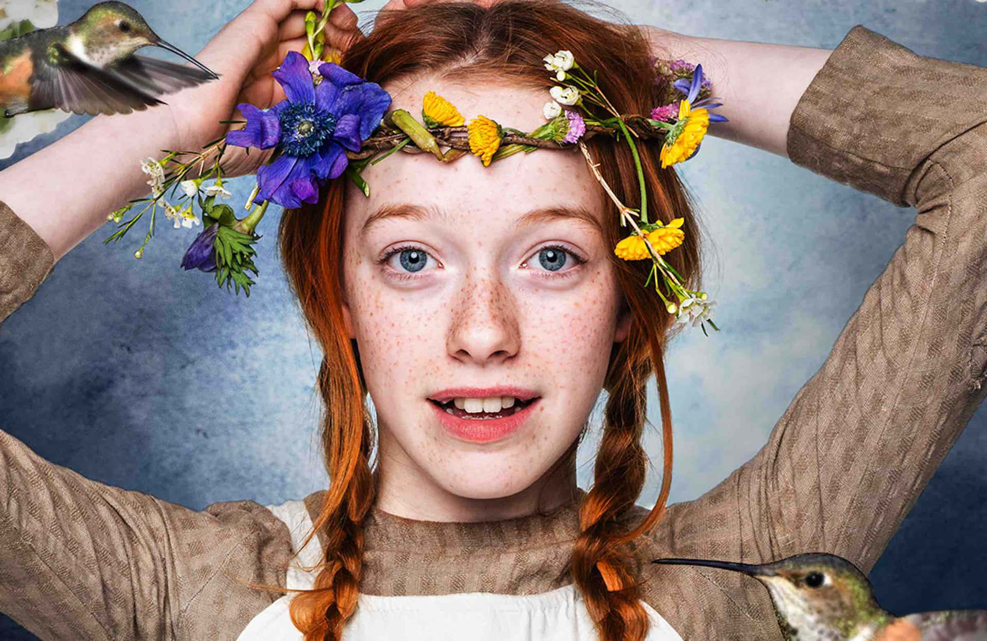 A Girl With Red Hair Is Holding A Flower Crown