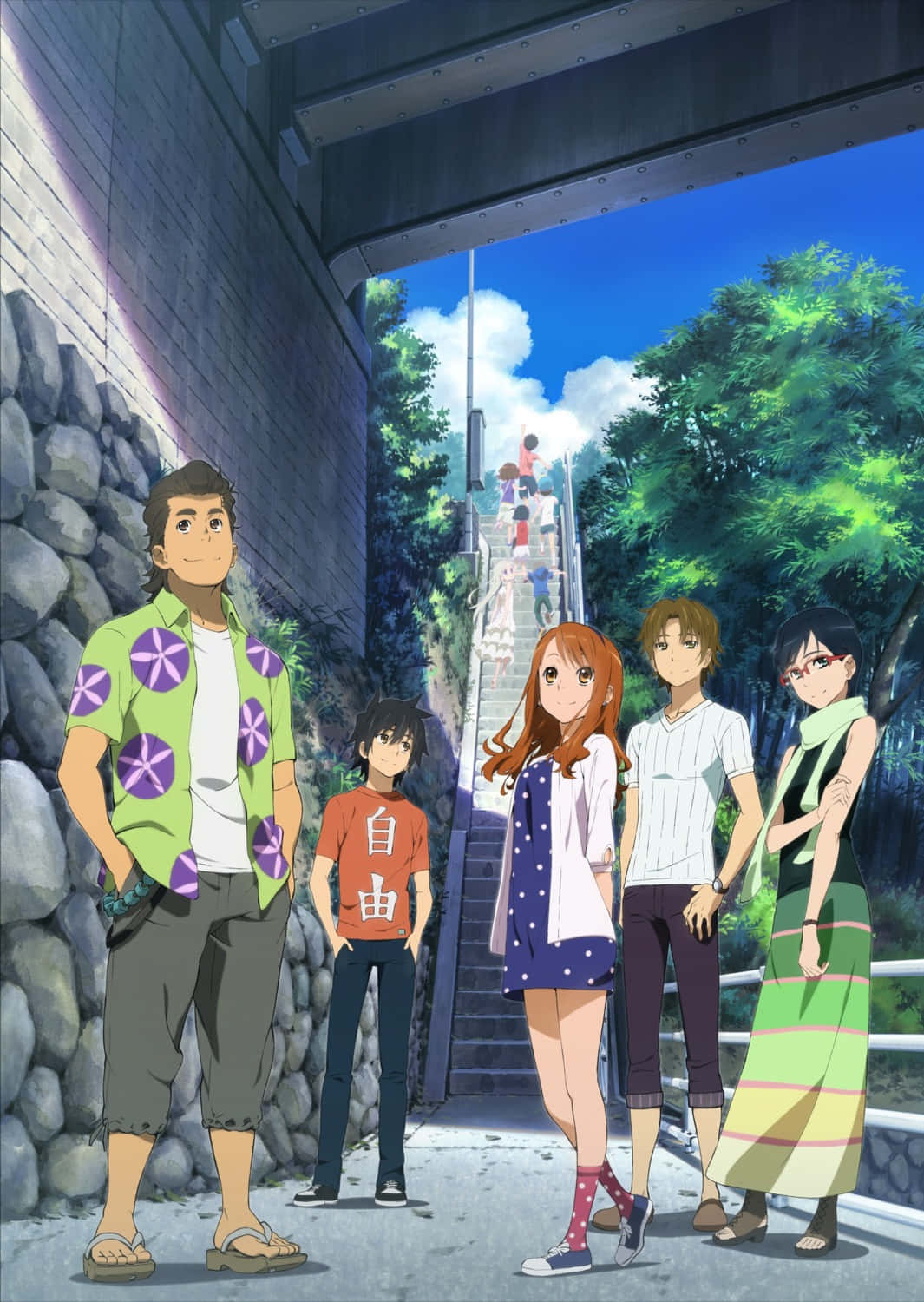 Anohana Groupe D'amis Debout Près Des Escaliers Fond d'écran