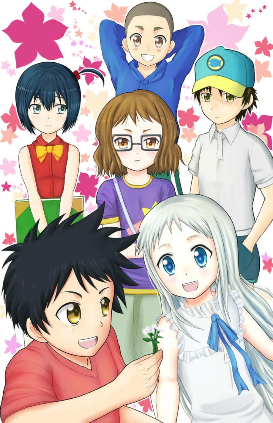 Einegruppe Von Anime-charakteren Steht Vor Einem Rosafarbenen Hintergrund.