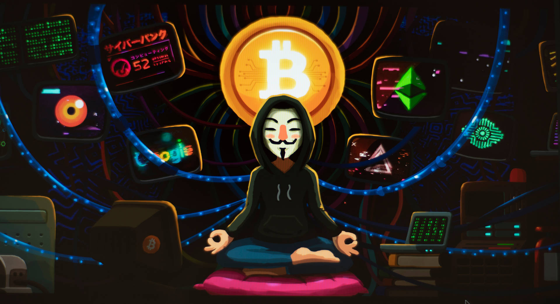 Anonymehacker Mit Bitcoin Kryptohintergrund Wallpaper