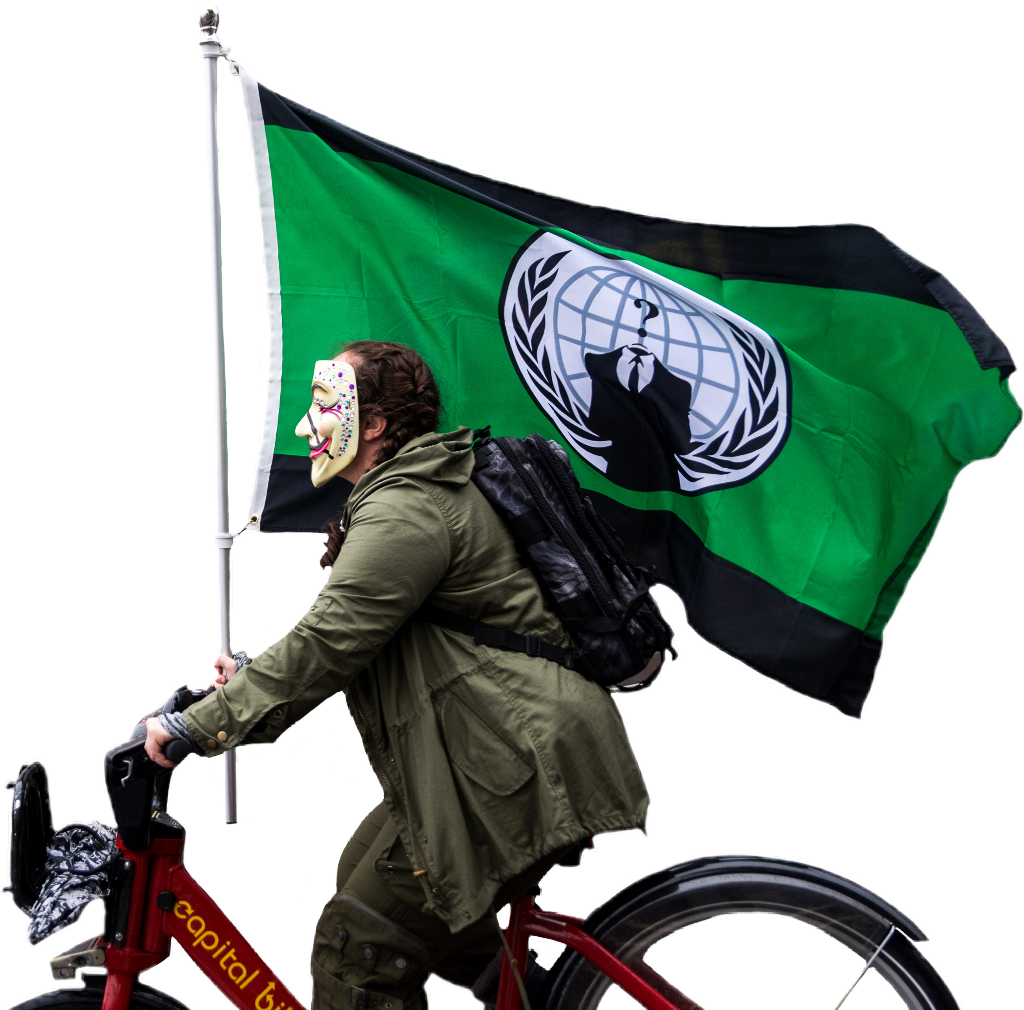 Anonymous Mask Cyclistwith Flag PNG