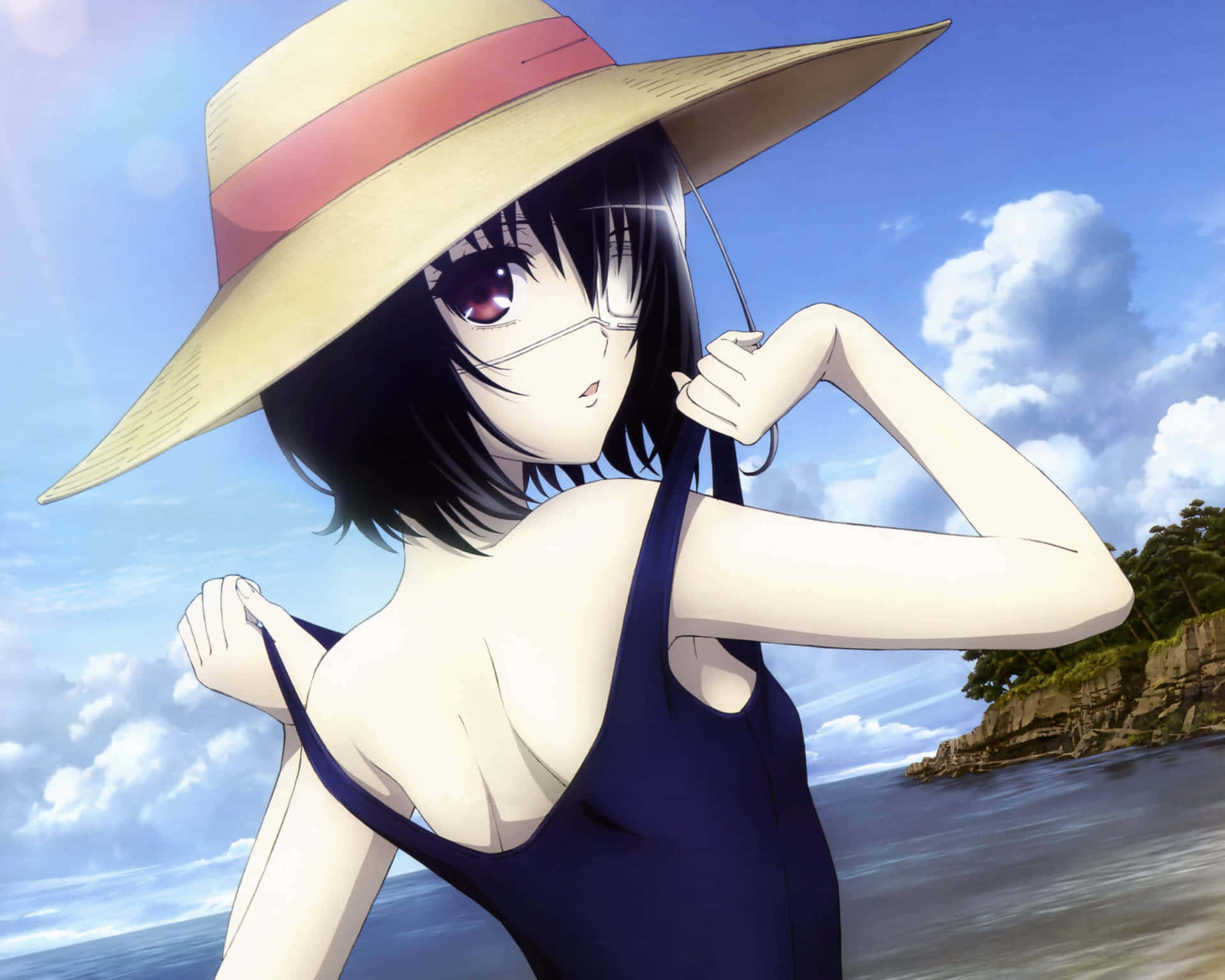 A Girl In A Hat And Dress On The Beach