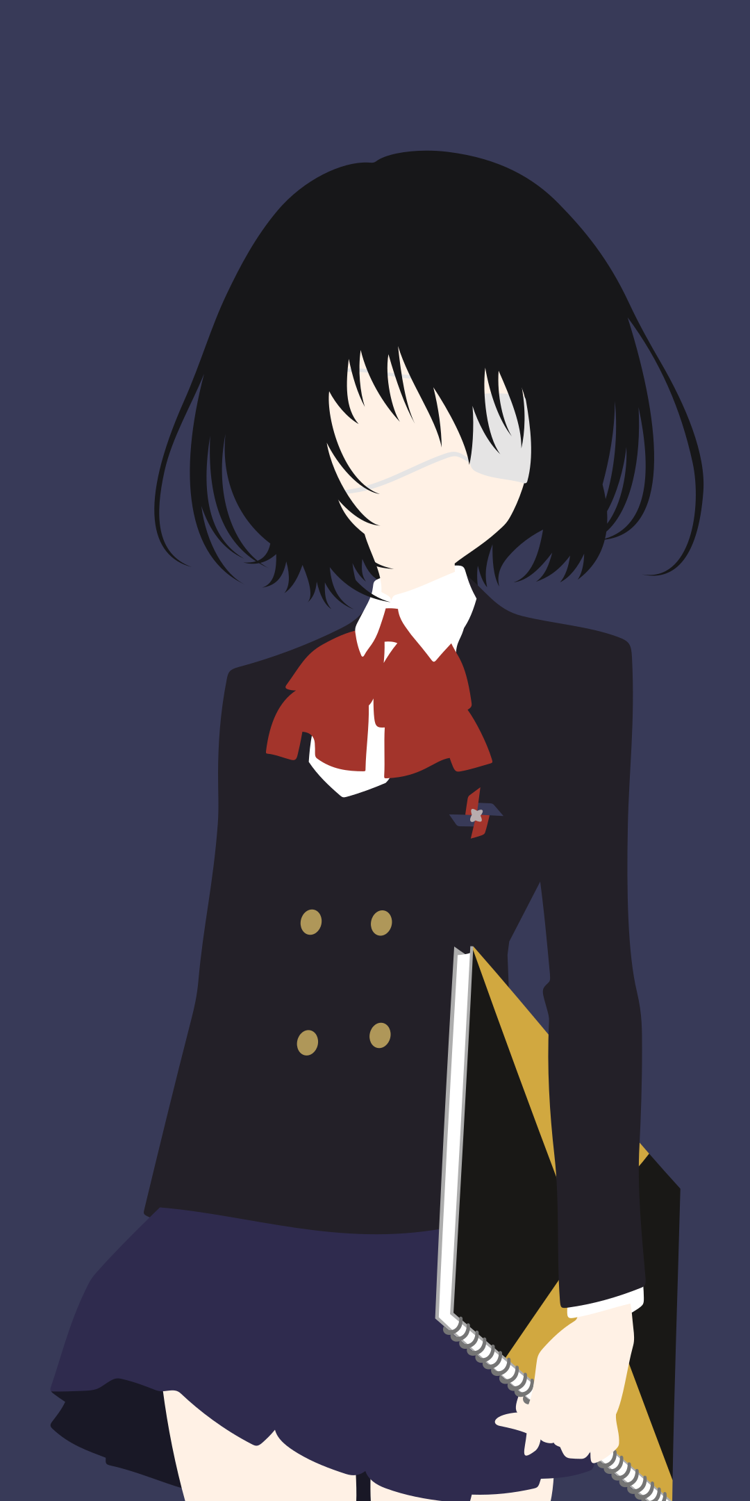 Dreaming of Another World Background — A stylized anime girl in a dark school uniform with red bow and gold buttons holds a notebook against a deep blue background.
