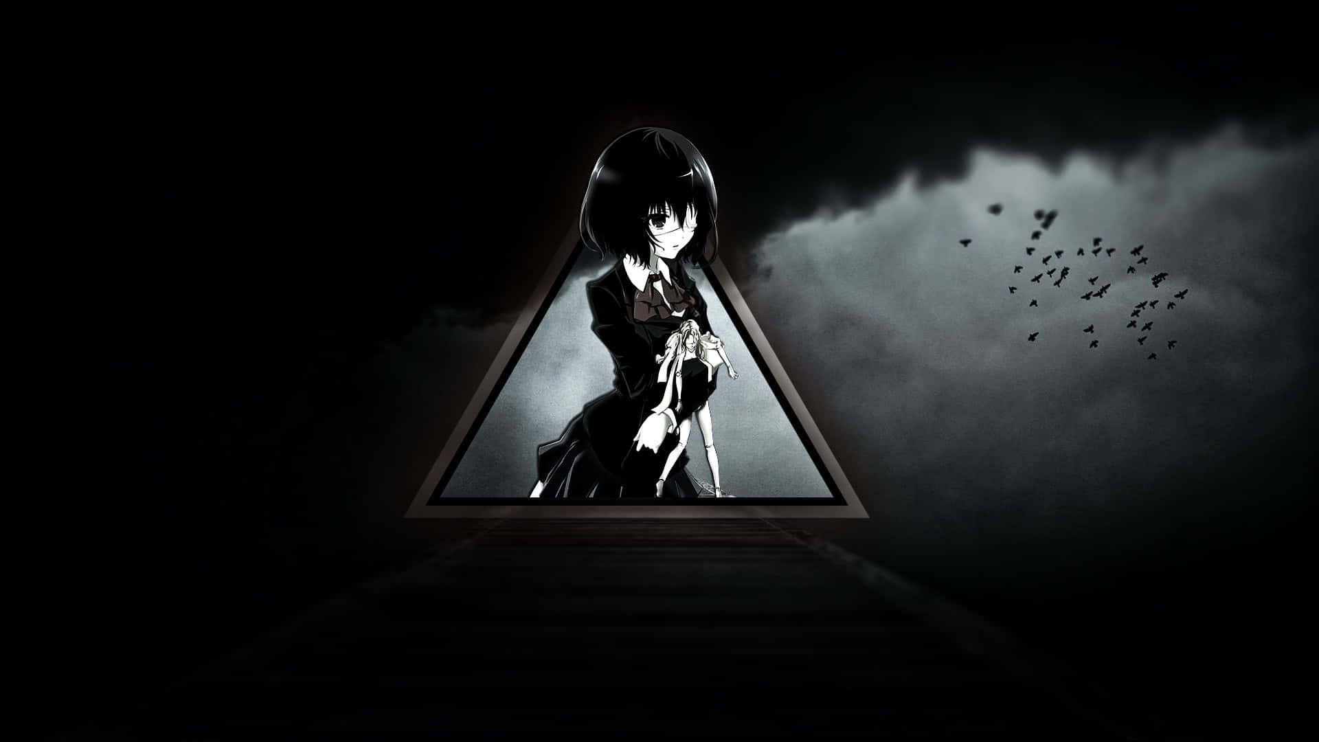 A Girl Is Standing In A Dark Room With A Triangle In The Background