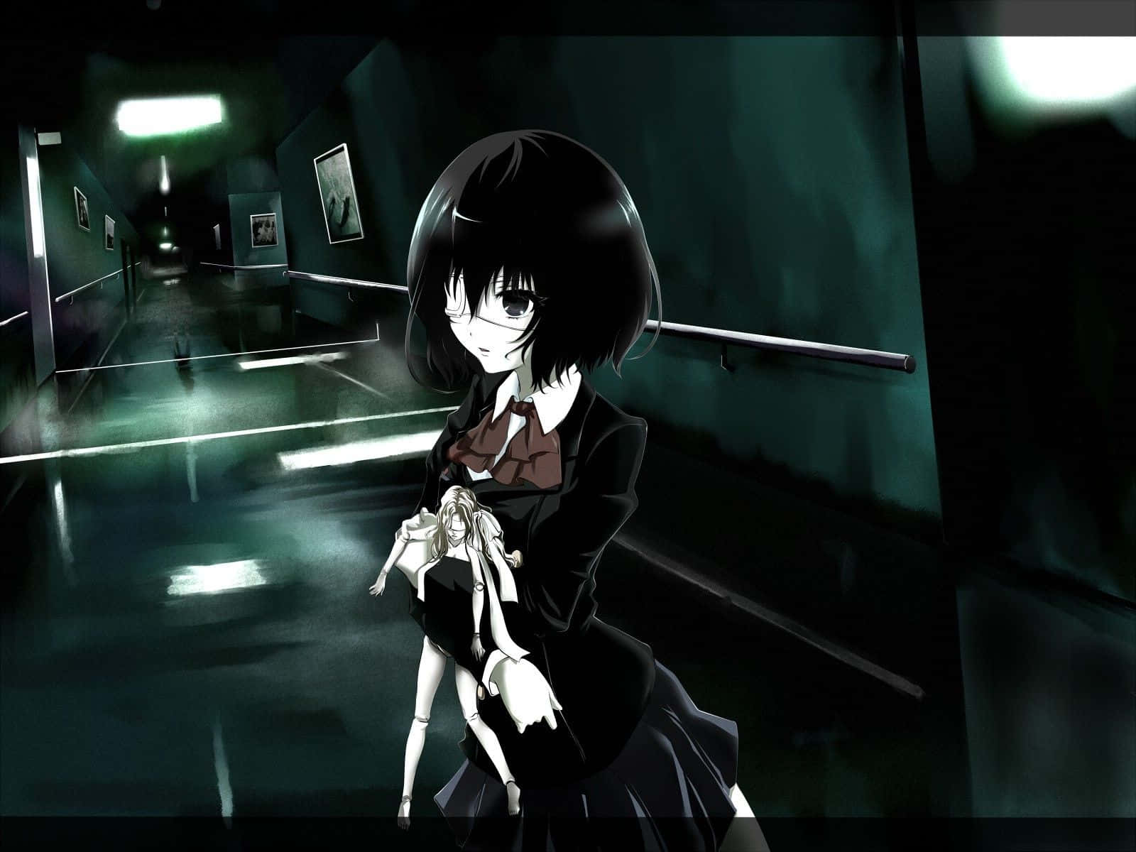 A Girl In A Dark Hallway Holding A Skeleton