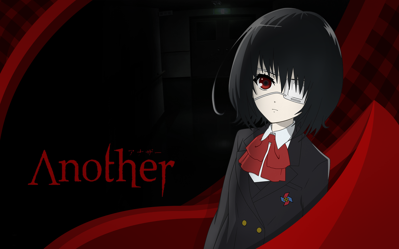 another anime wallpaper - another anime wallpaper Background — A dark-haired anime girl with red eyes and a white mask stands in a shadowy hallway framed by bold red swirls and the title 'Another'.