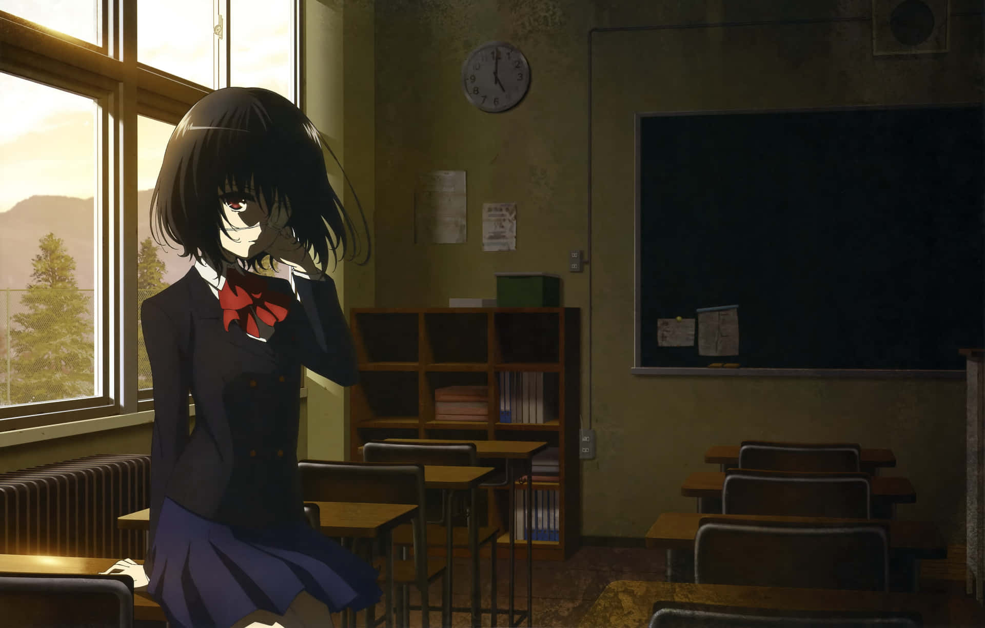 A Girl In A School Uniform Standing In Front Of A Window