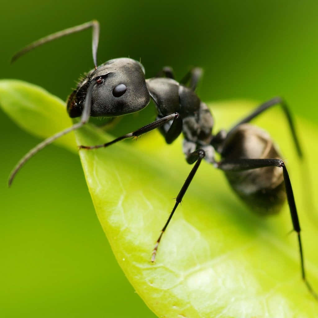 Eineschwarze Ameise Sitzt Auf Einem Blatt.