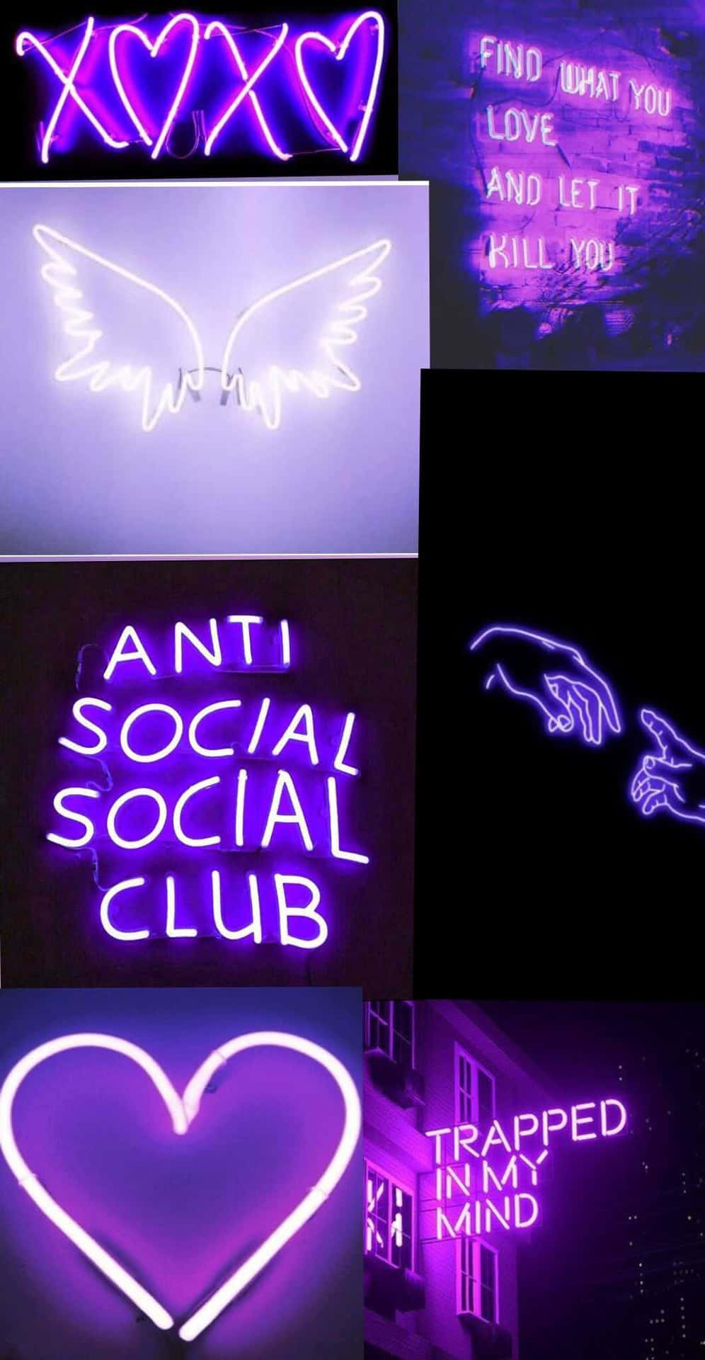 En samling af neon skilte med ord som anti social klub, neonnegle og glødende læber Wallpaper