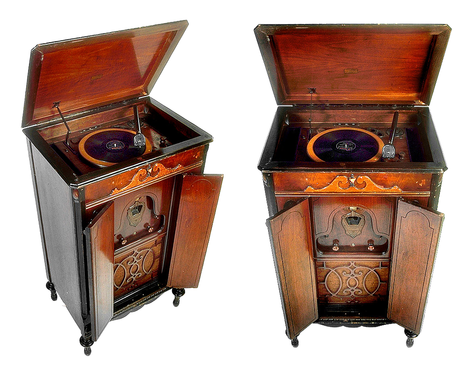 Antique Gramophone Open Closed Views PNG