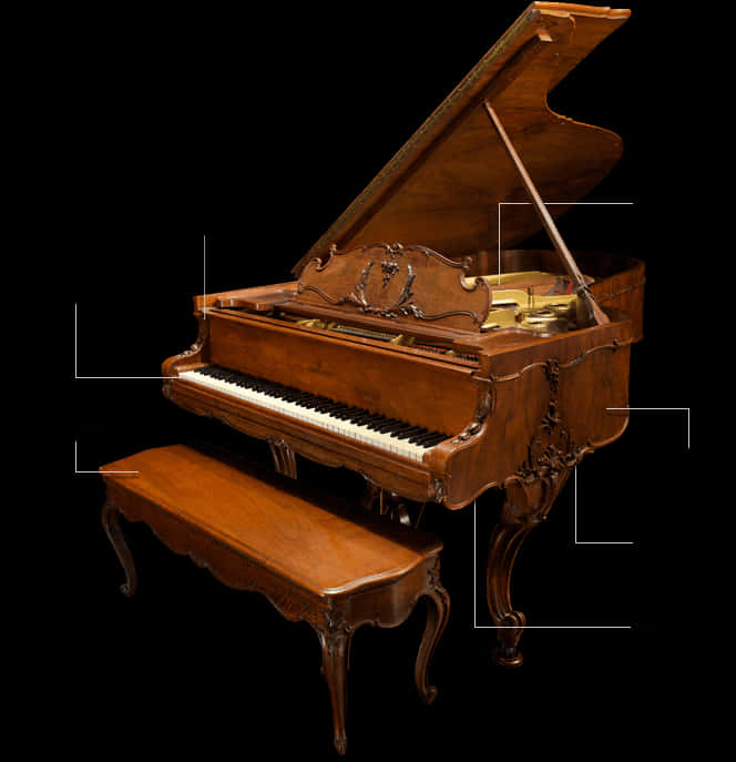 Antique Grand Piano With Bench PNG