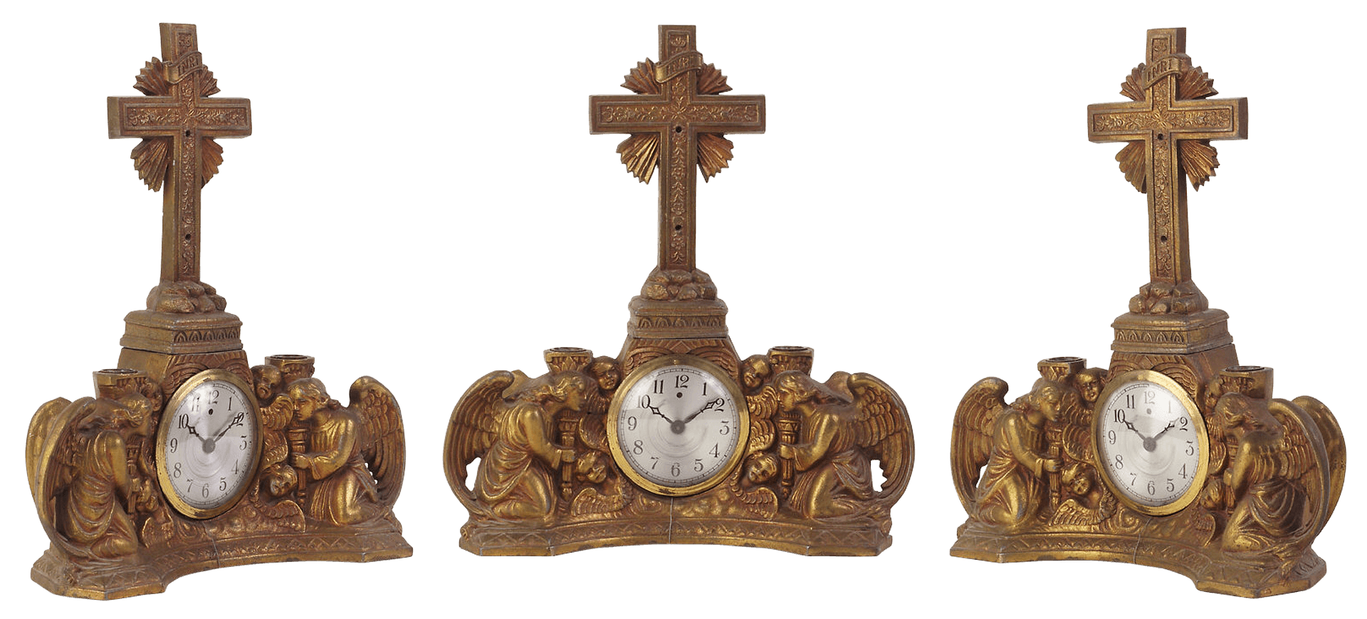 Antique Religious Mantel Clock Set PNG