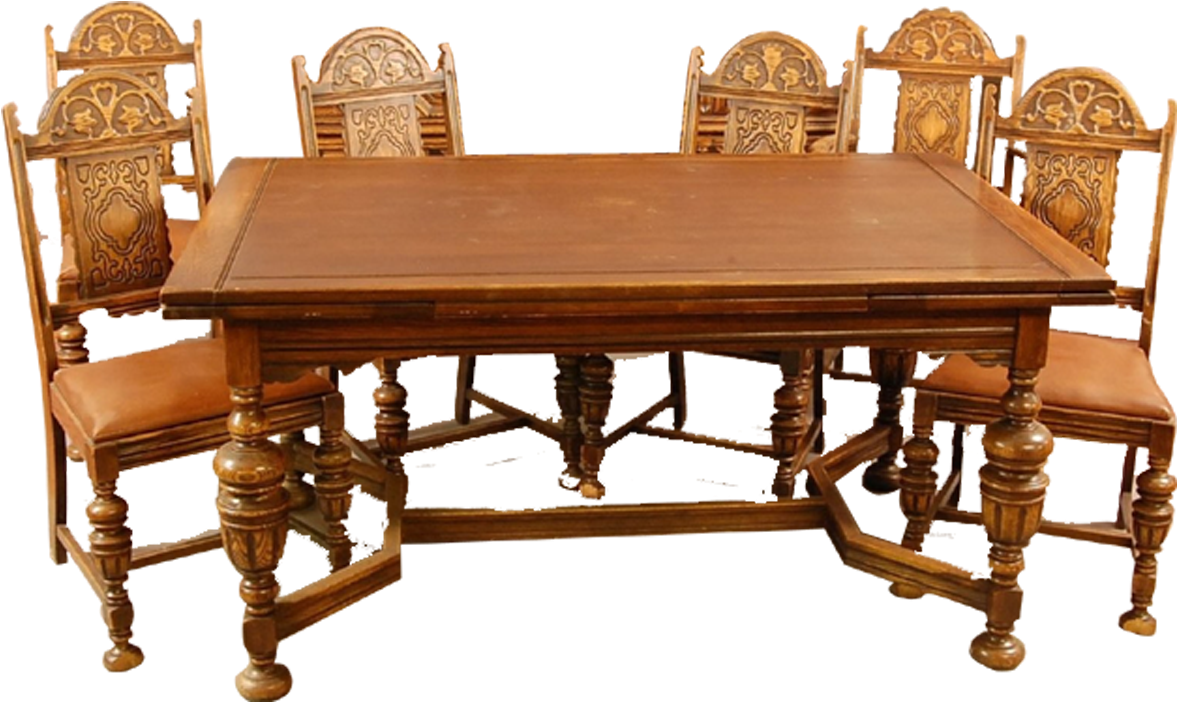 Antique Wooden Dining Setwith Carved Chairs PNG