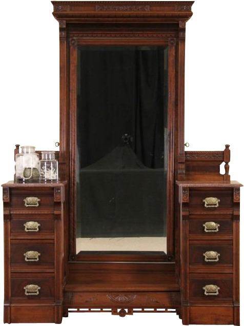 Antique Wooden Dressing Table With Mirror PNG