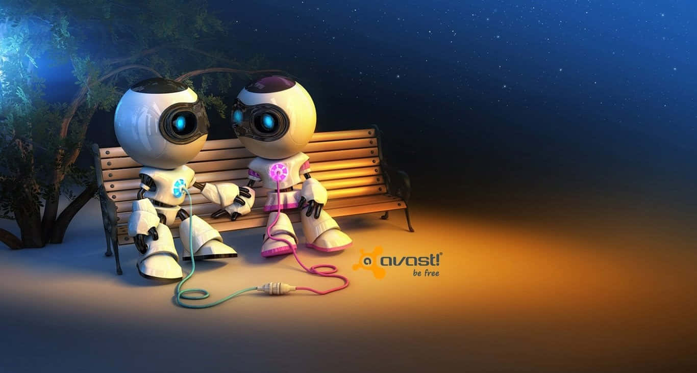Two Robots Sitting On A Bench With A Light Behind Them Wallpaper