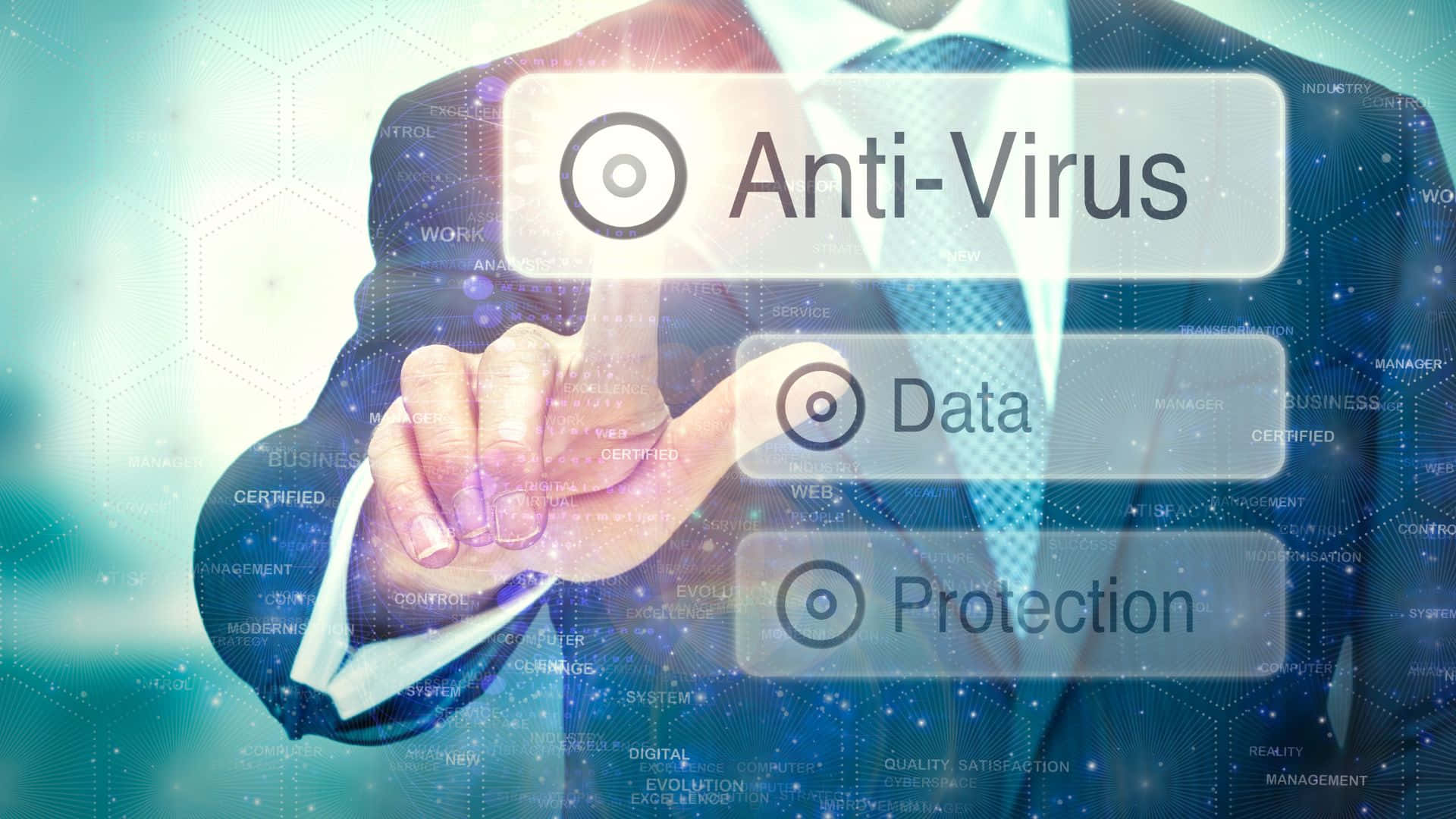 Unempresario Está Presionando El Botón De Antivirus En Una Pantalla Virtual. Fondo de pantalla