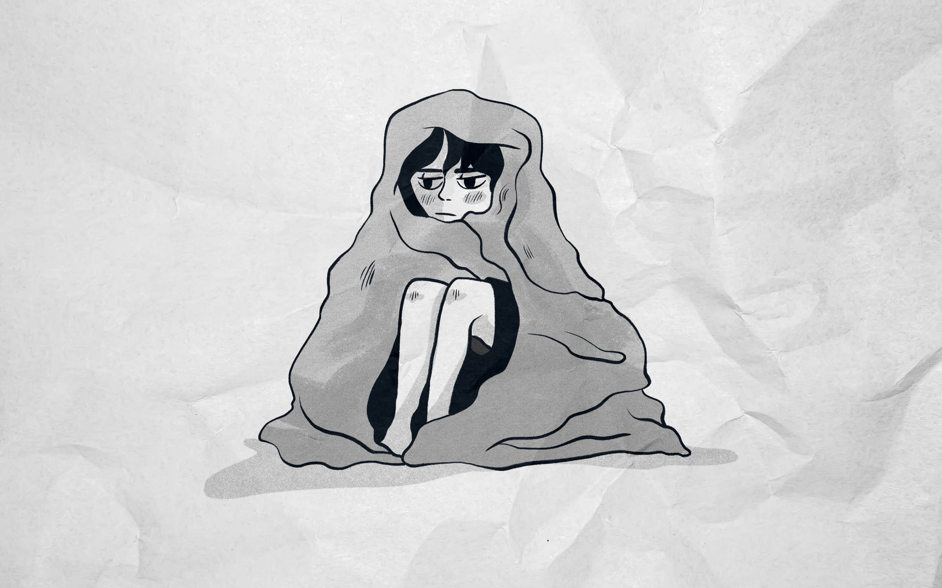 Young Woman Feeling Anxious Wrapped in Blanket Wallpaper