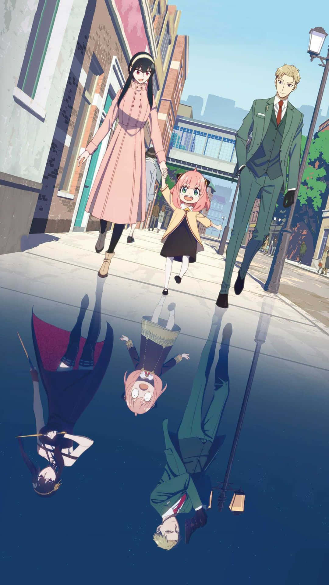 En gruppe af mennesker går ned ad gaden i en anime-stil. Wallpaper