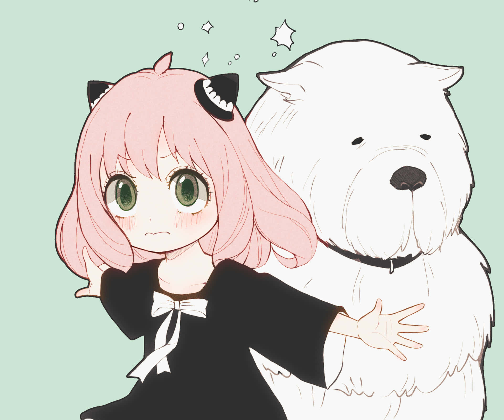 A Girl With Pink Hair And A White Dog Wallpaper