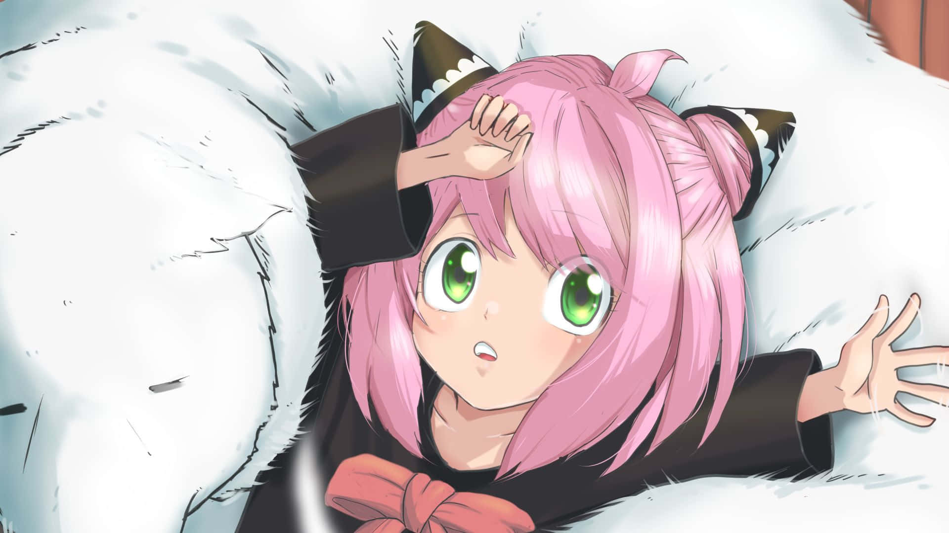 A Girl With Pink Hair Laying On A Furry Blanket Wallpaper