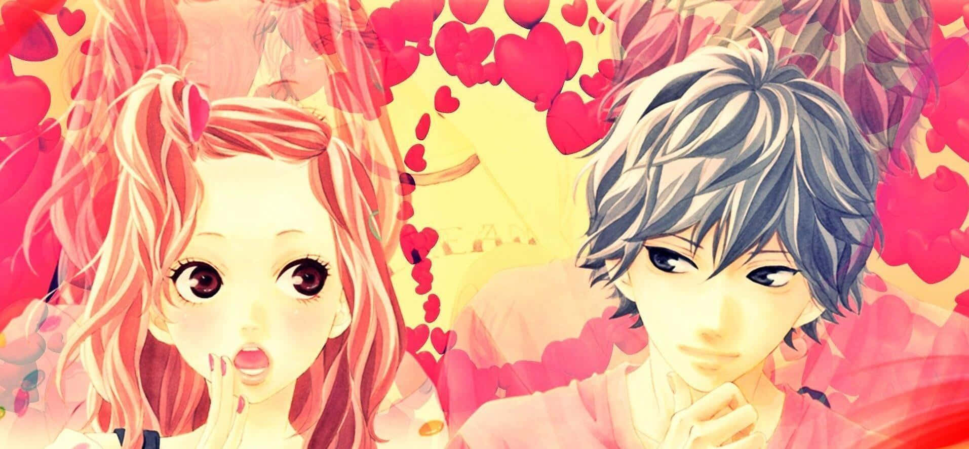 Two Anime Characters With Pink Hair And Hearts