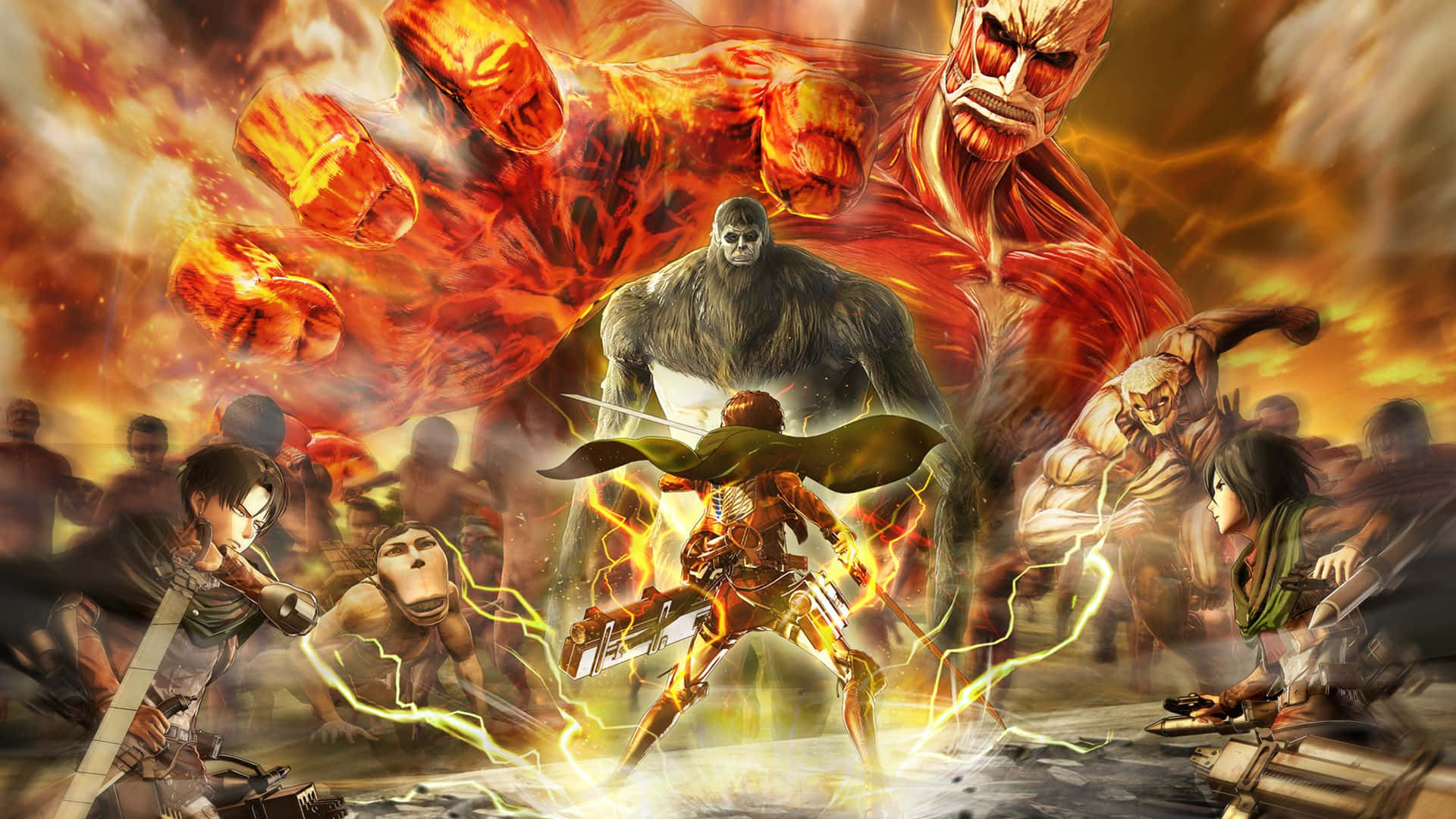 Fire and sparks fly in the explosive final battle from Attack on Titan 2 Wallpaper