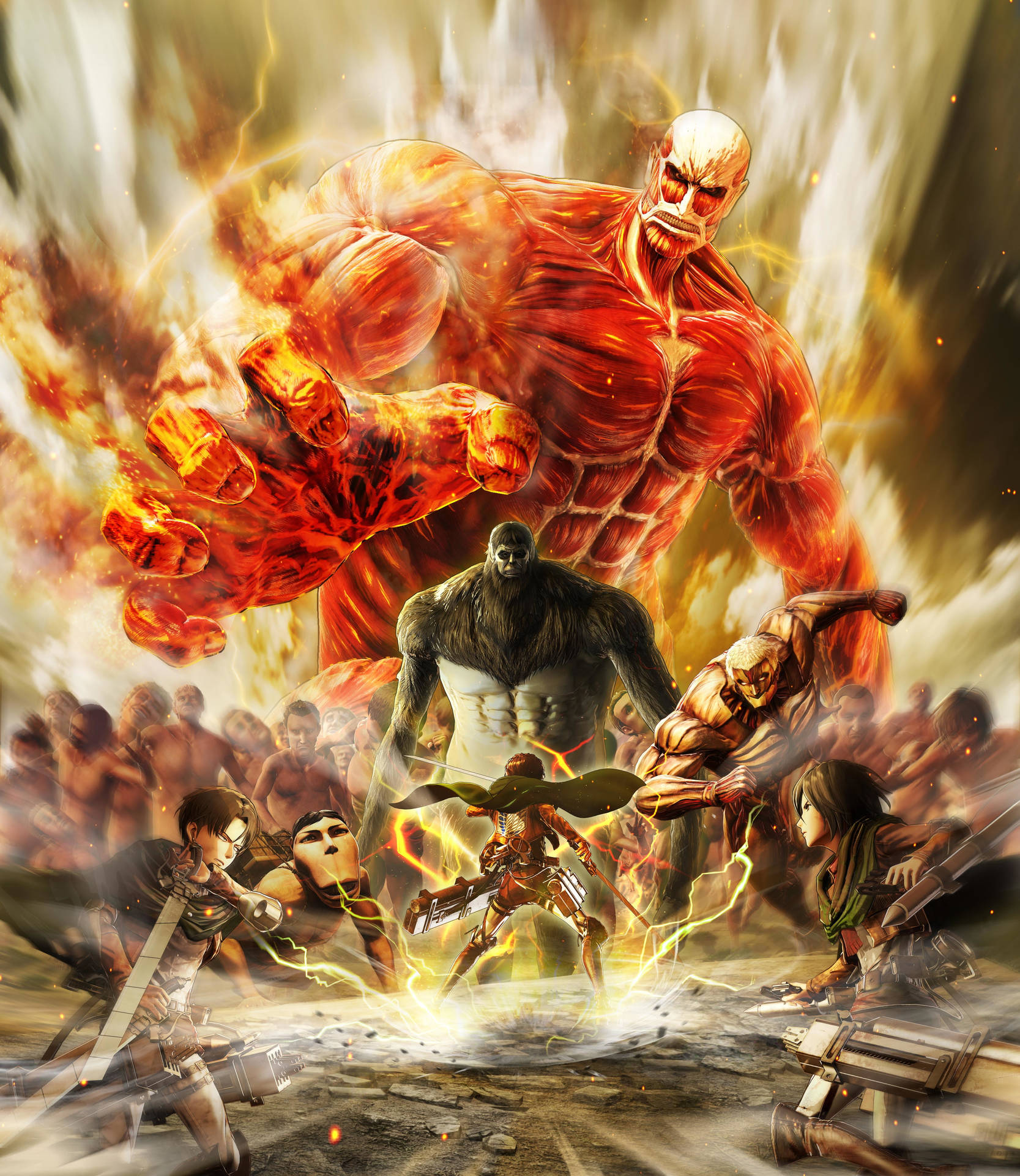 Intense Battle Scene from Attack on Titan Season 2 Game Wallpaper