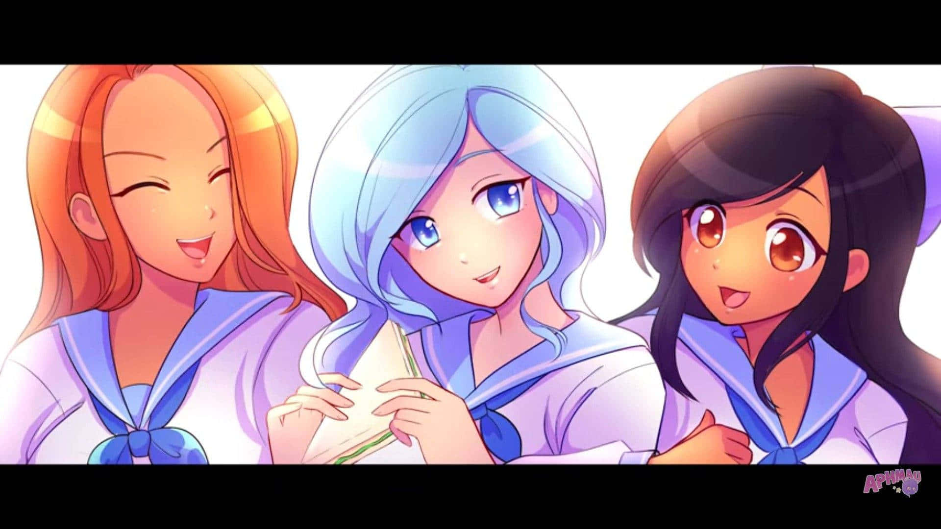 Three Anime Girls With Blue Hair And Blue Eyes