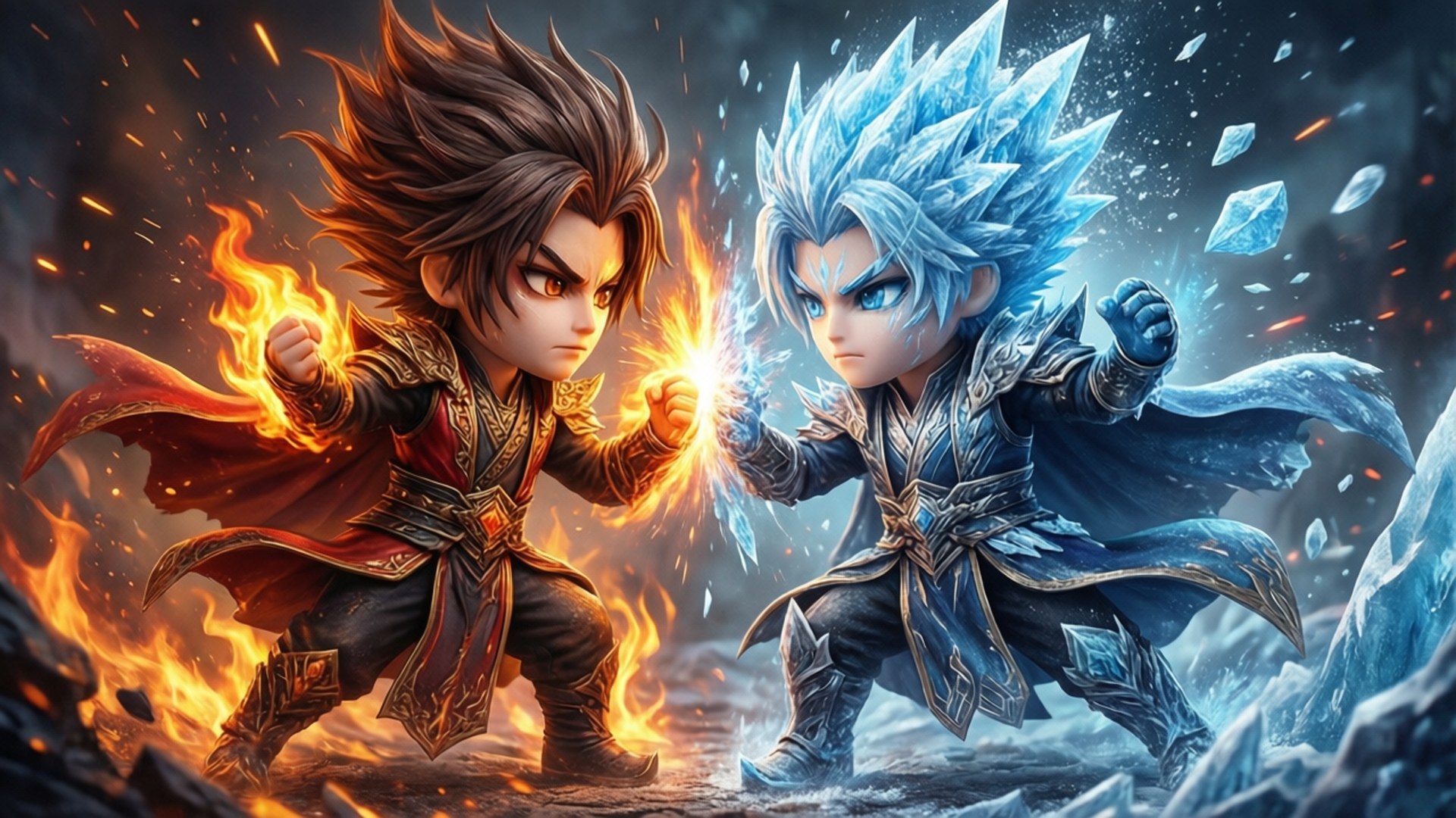 Fire vs Ice Wallpaper — Two chibi warriors clash fire and ice their fists glowing as sparks fly against a dark stormy backdrop.