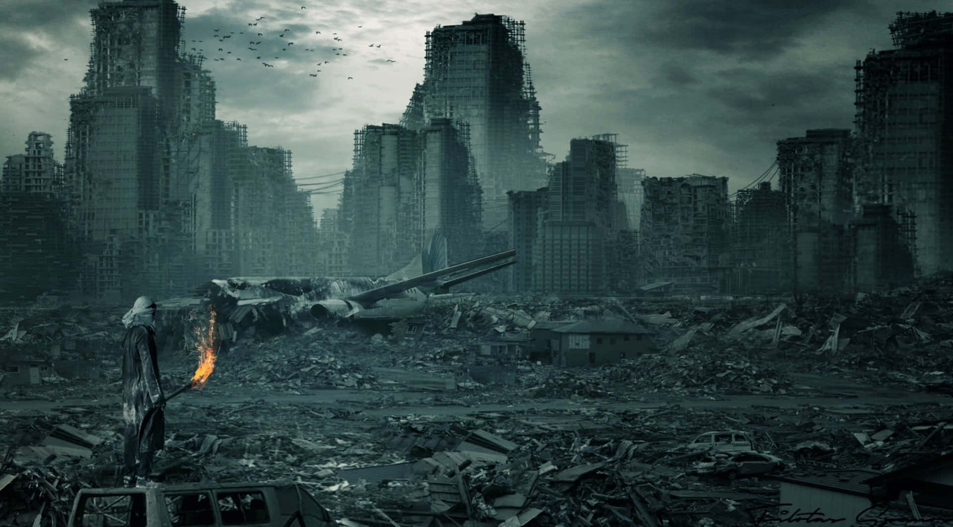 A haunting image portraying the dramatic aftermath of an apocalyptic event. Wallpaper