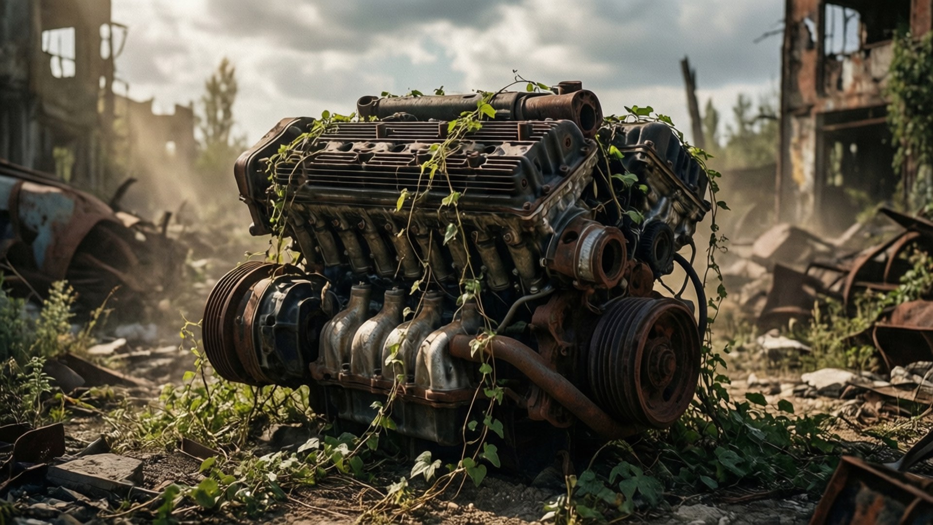 A rusted broken engine in a post-apocalyptic wasteland with vines and dust.