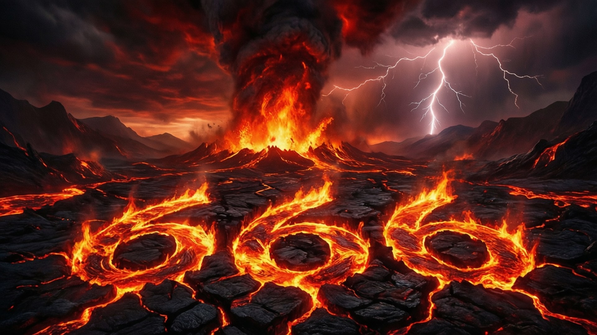Et brændende landskab med tallet 666 dannet af lavasprækker i jorden.