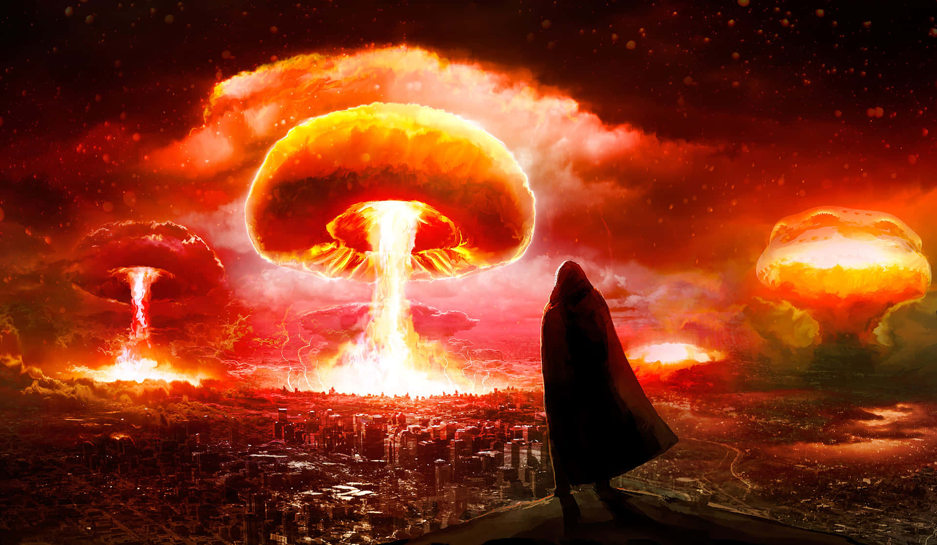 Apocalyptic_ Nuclear_ Explosions_ Over_ Cityscape Wallpaper