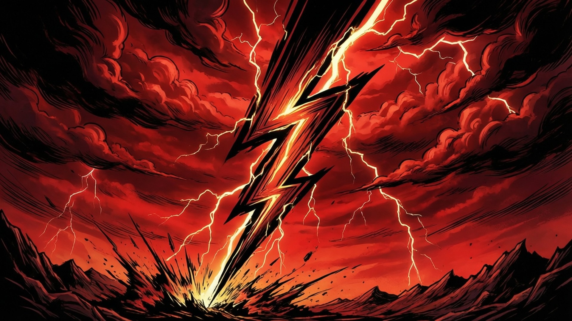 Dramatic cartoon lightning bolt through a red apocalyptic sky.