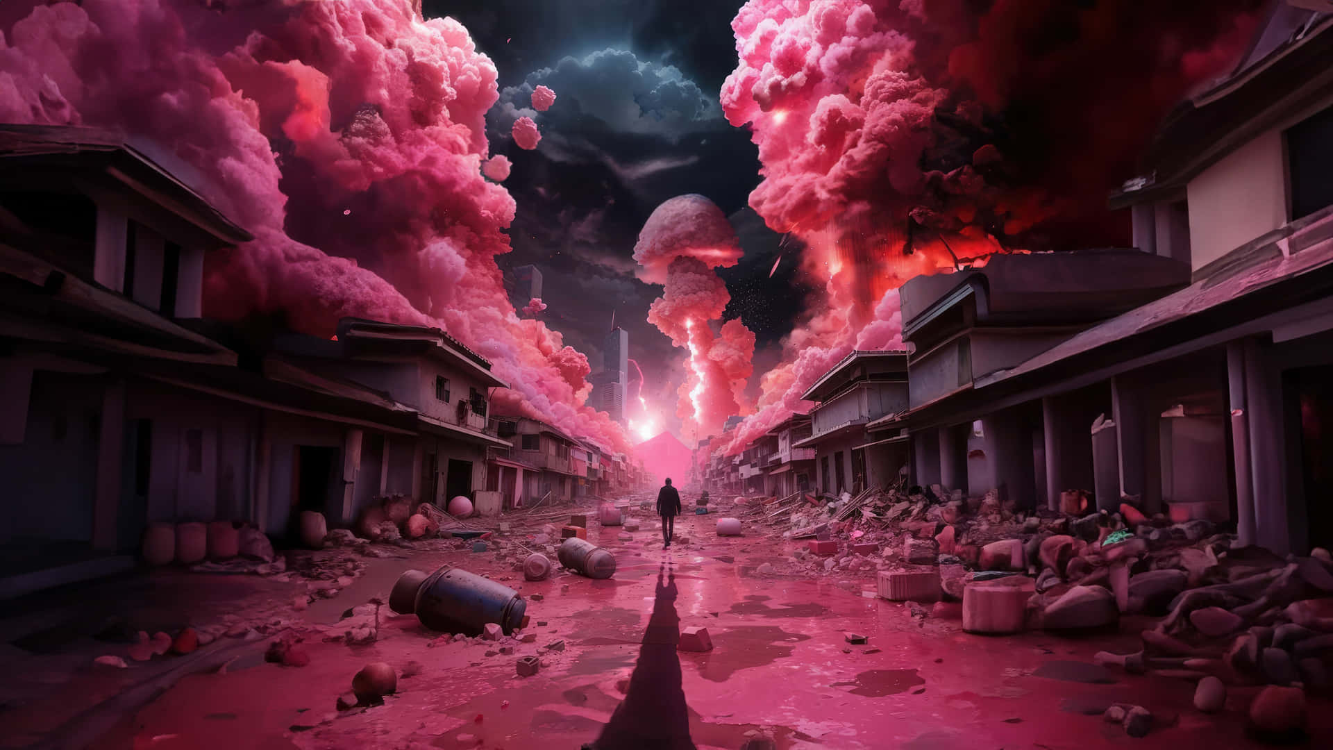 Apocalyptic_ Vision_with_ Figure_and_ Mushroom_ Clouds Wallpaper