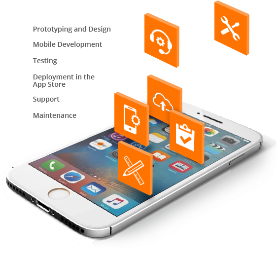 App Development Process Illustration PNG — A sleek silver smartphone with floating orange app icons representing mobile development and testing phases.