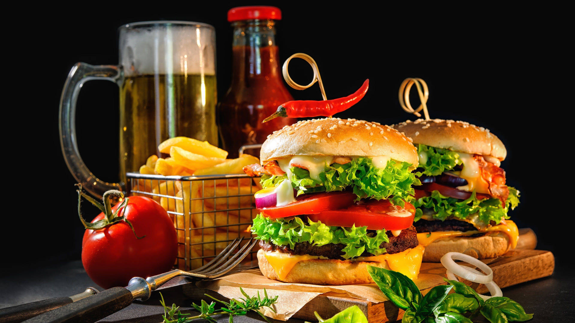 Appetizing Cheeseburgers With Beer, Fries And Tomato Wallpaper