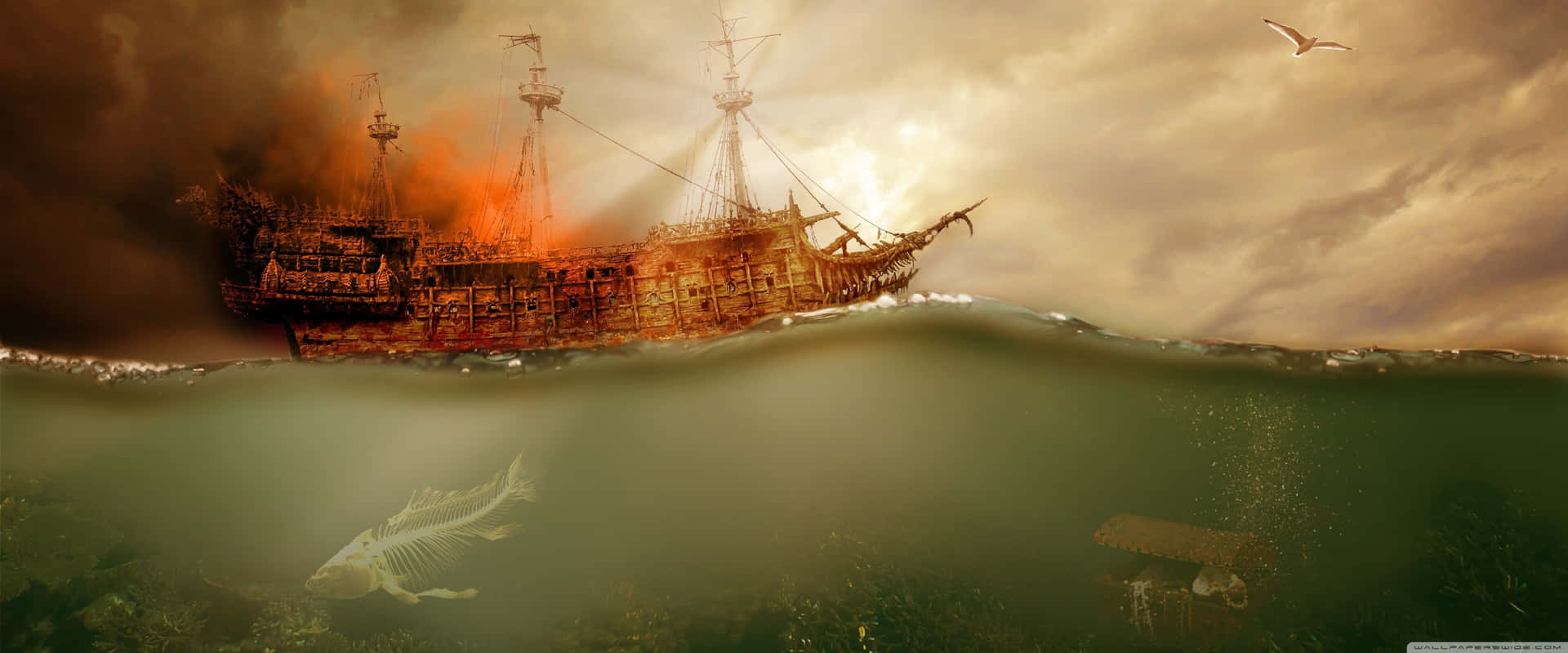 A Ship Is Floating In The Ocean With A Fish In The Water Wallpaper