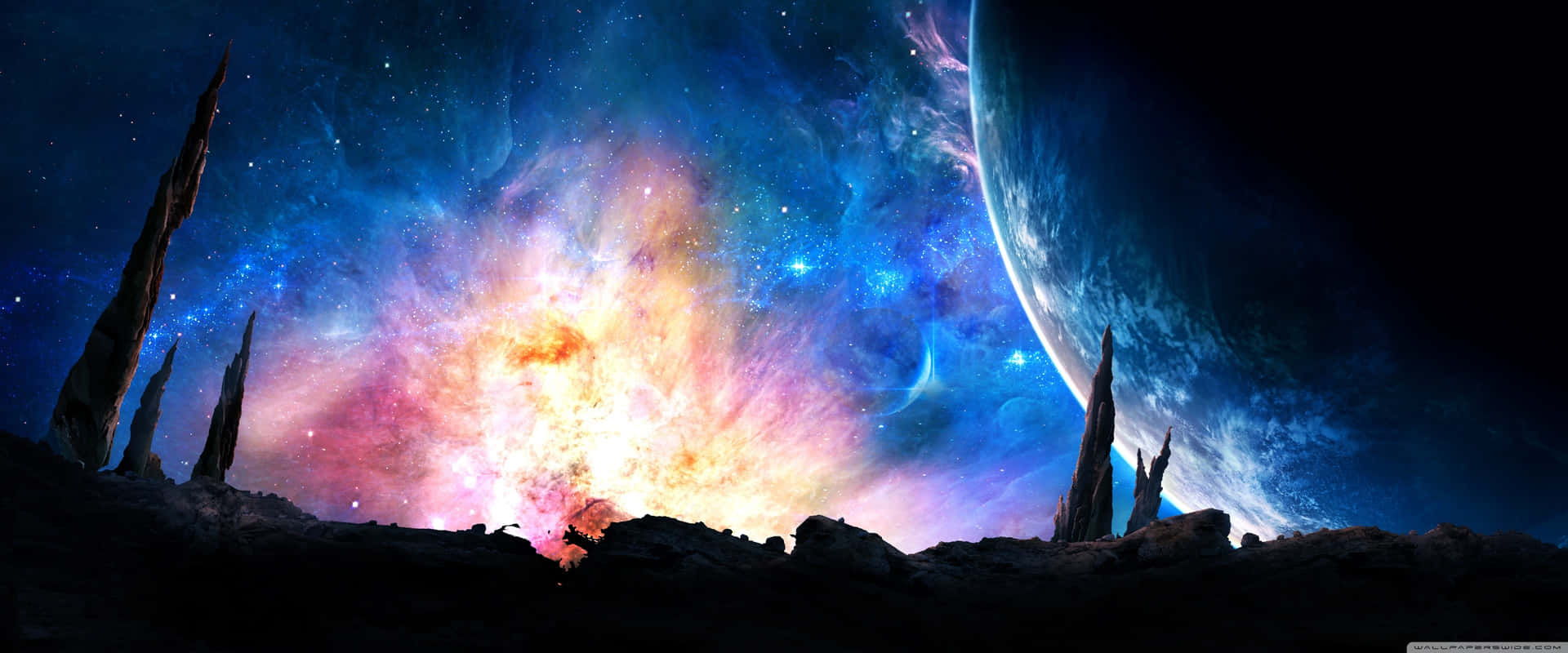 A Colorful Space Scene With A Planet And Stars Wallpaper