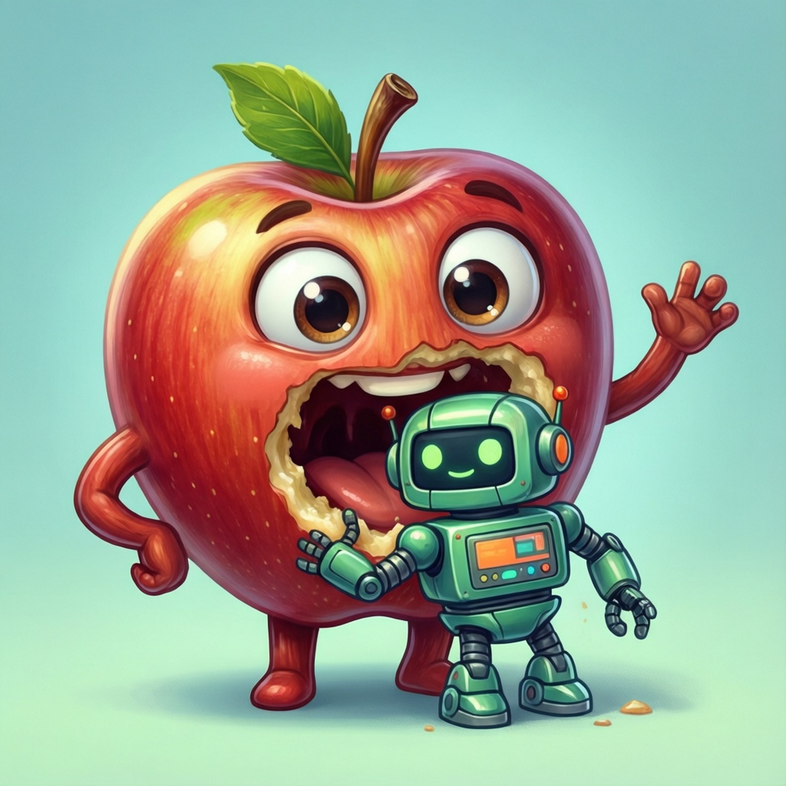 Cute cartoon apple character eating android robot