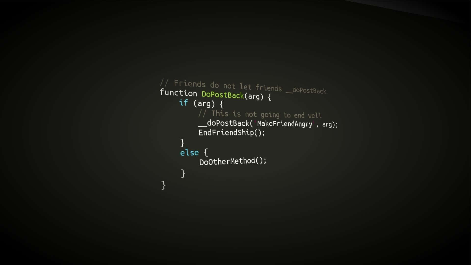 Dark gradient background with glowing green and white JavaScript code text