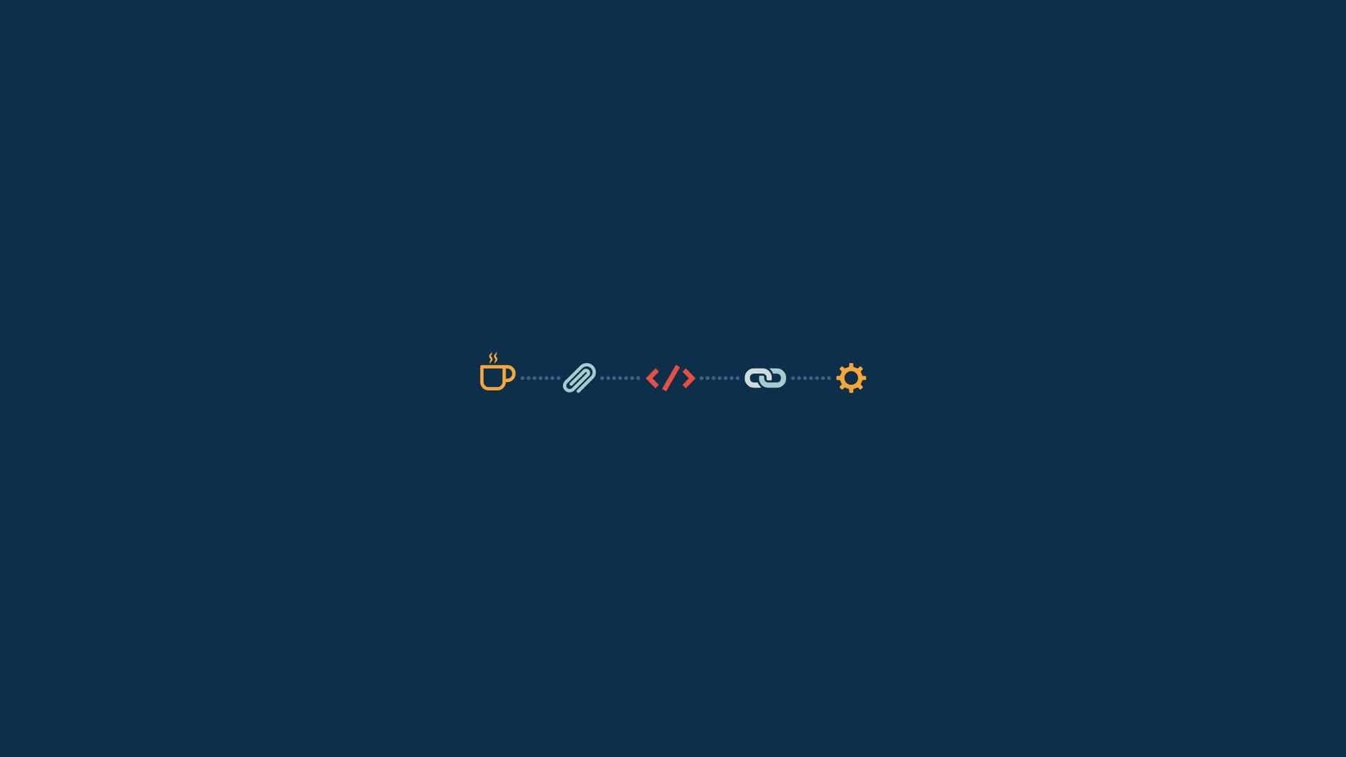 Ein dunkelblauer Hintergrund mit einer stilisierten Darstellung eines Codierungs-Workflows, mit Symbolen wie einer Kaffeetasse, Code-Klammern, einer Lupe und einem Zahnrad.