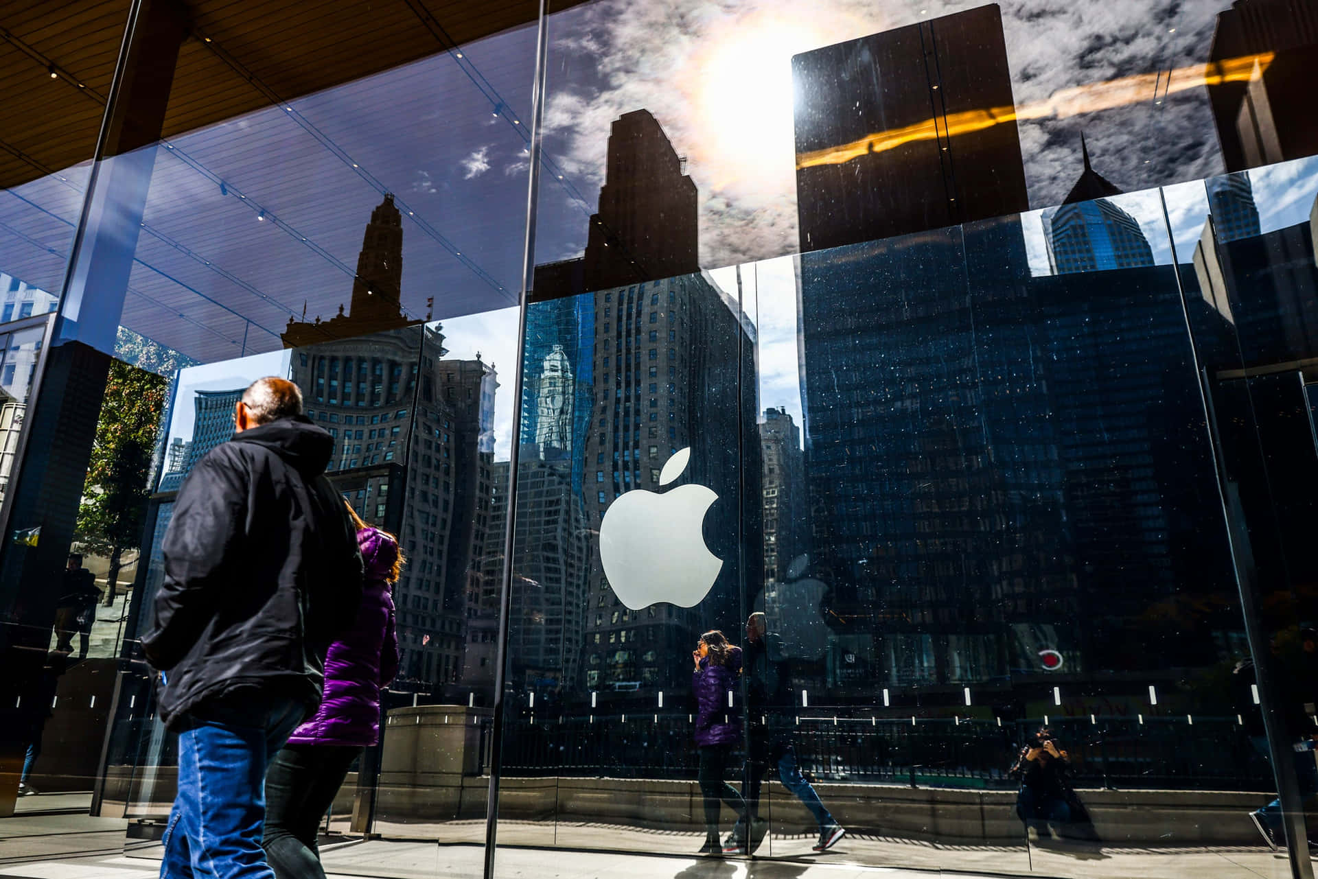 Apple Store Glass Facade City Reflection Wallpaper