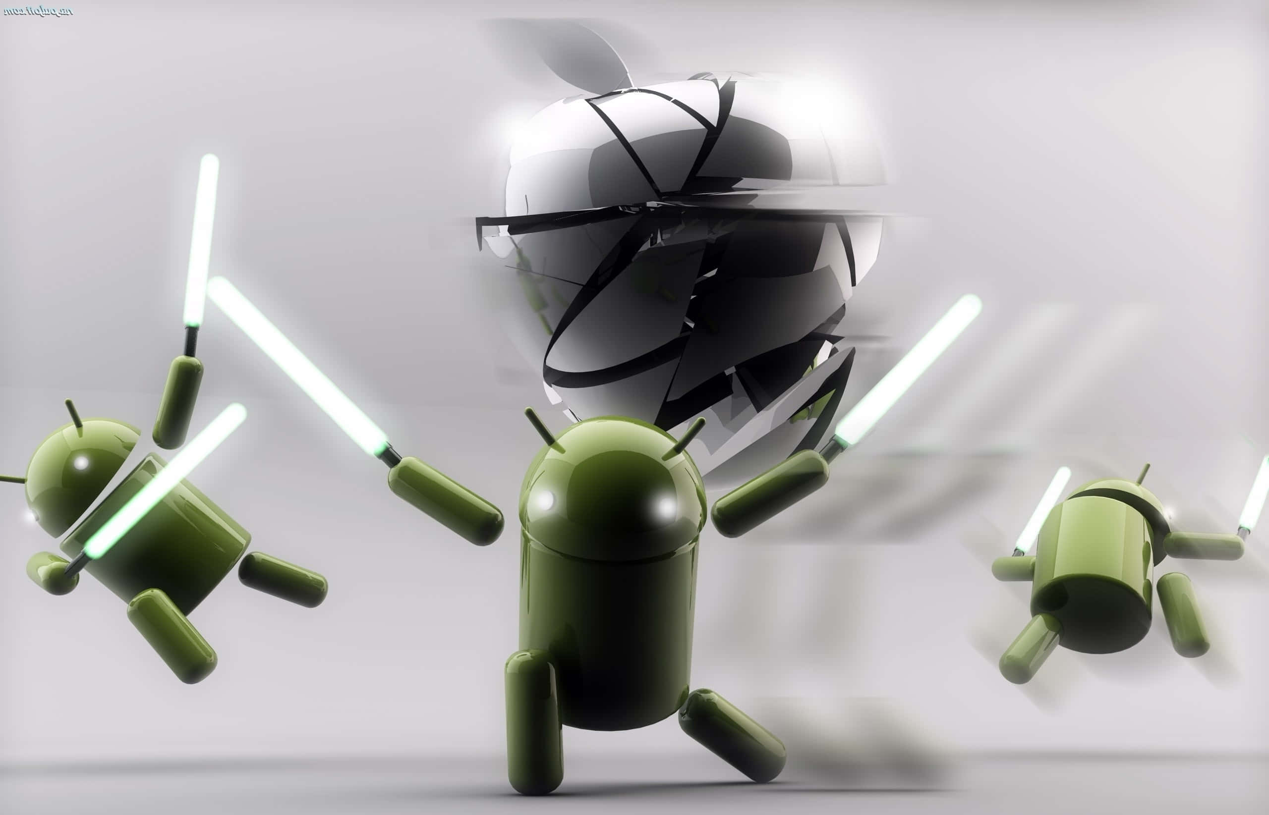 Apple Android Fight Wallpaper — Three green Android mascots duel with glowing lightsabers against a hovering black and white helmet.