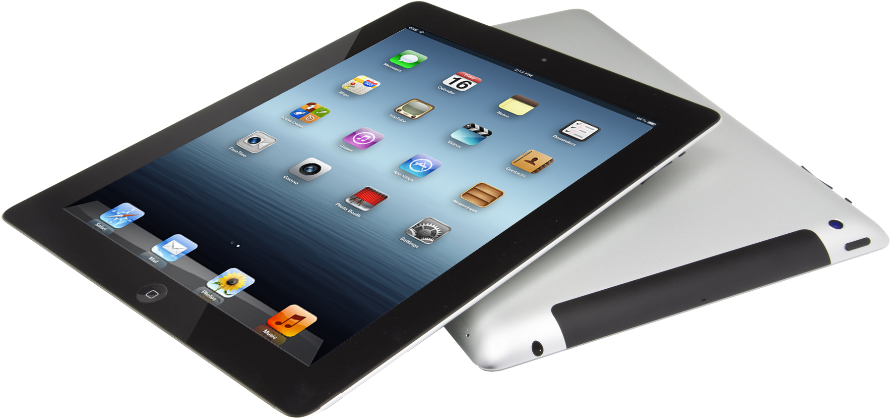 Applei Pad First Generation Display PNG — Two sleek silver tablets angled against black background one showing colorful app icons on blue gradient screen.