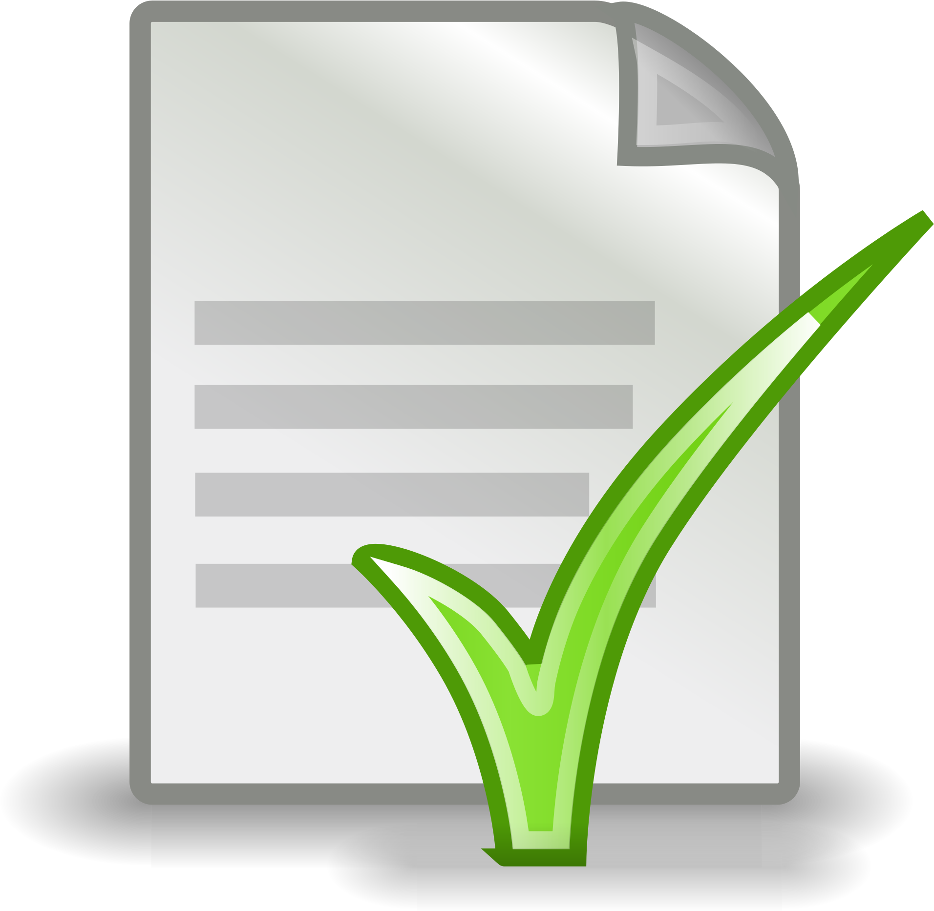 Approved Document Icon PNG — A glossy green checkmark overlays a white document icon with gray lines against a black background.