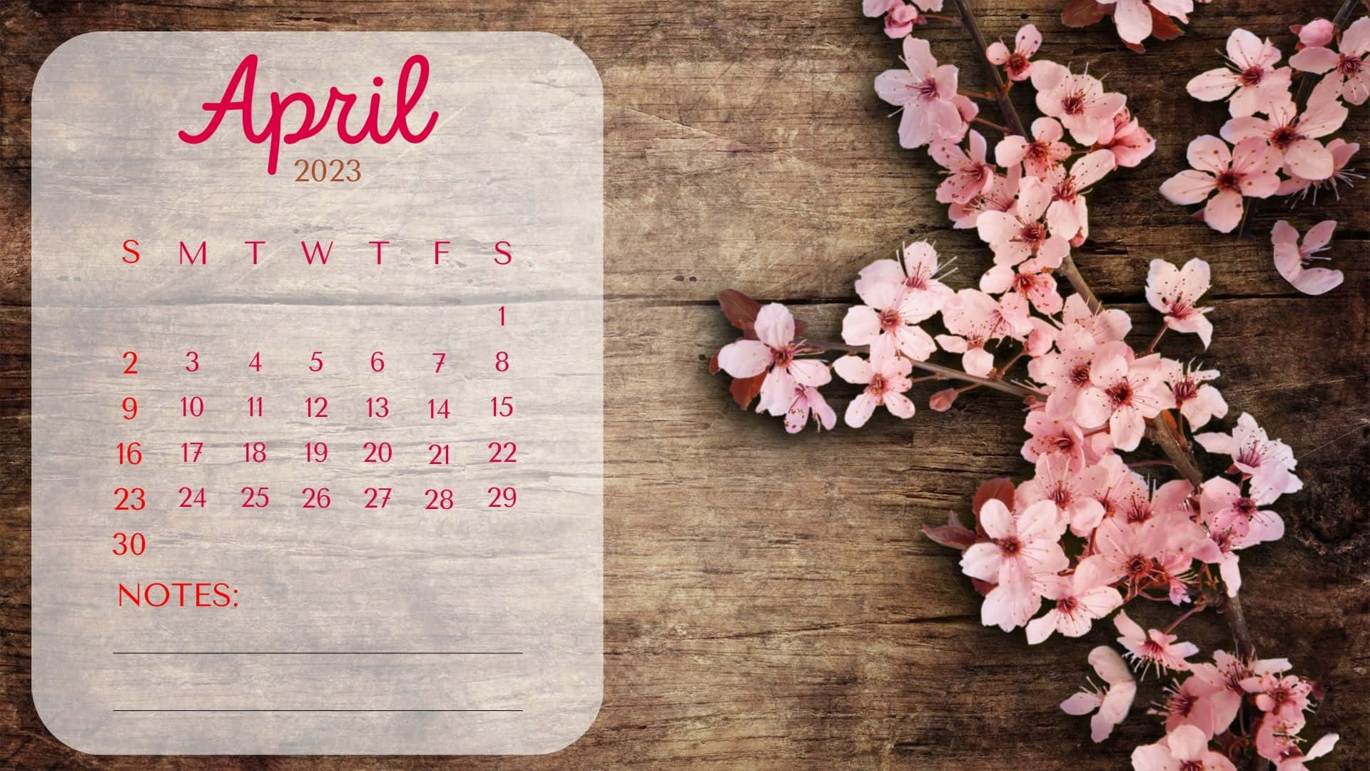 Calendariode Abril 2019 Con Flores Rosas Sobre Un Fondo De Madera. Fondo de pantalla