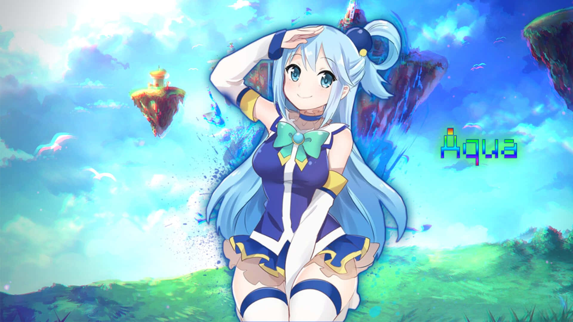 Aqua Anime Character Floating Islands Wallpaper